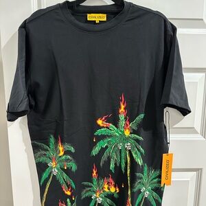 Civilized Black Graphic T-Shirt with skulls in Palm Tree Design, Size XL